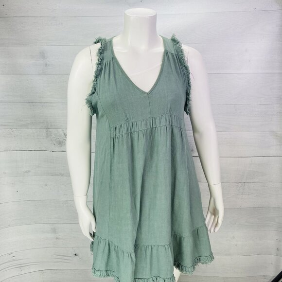 Umgee Teal Green Linen Blend V Neck Sleeveless Raw Hem Ruffle Boho Dress Sz L - Picture 2 of 13